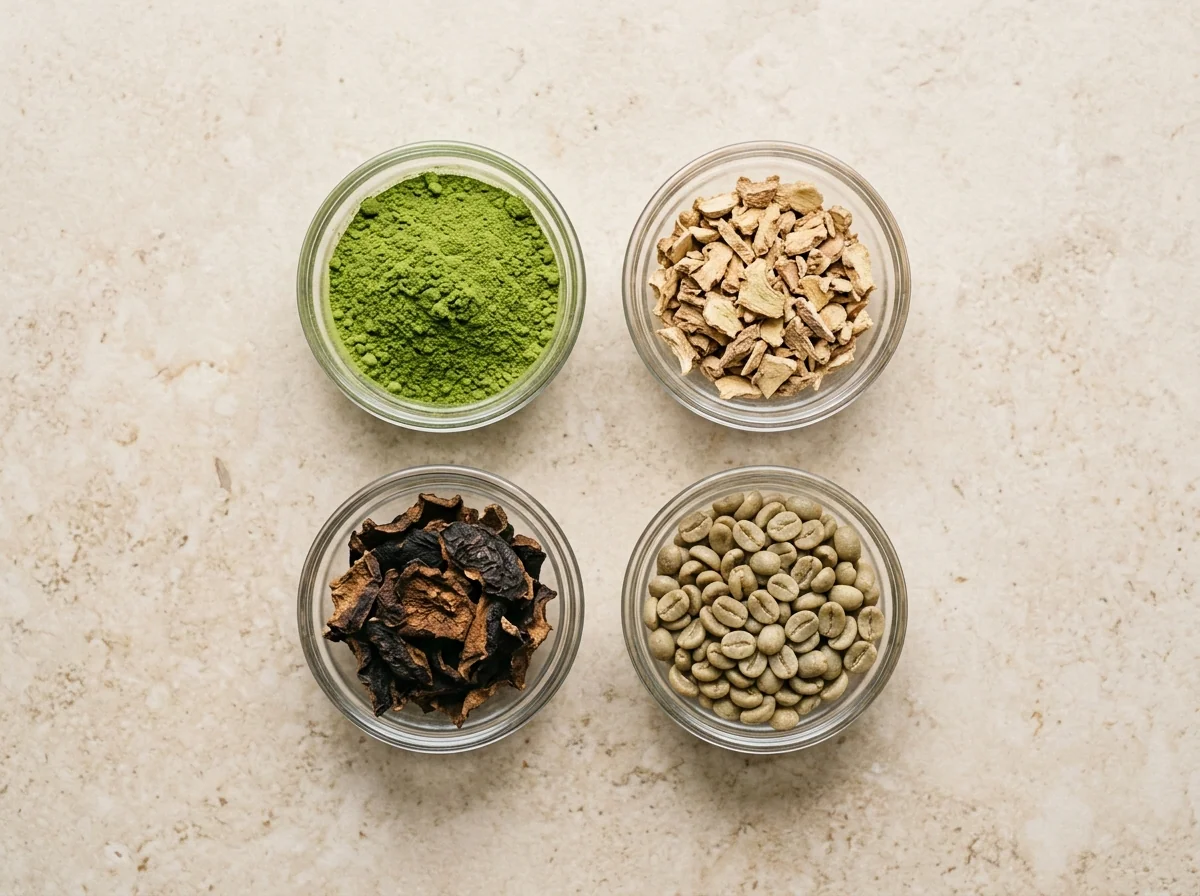 Four botanical ingredient bowls: matcha, ginger root, garcinia cambogia and green coffee beans - plant-based energy supplement