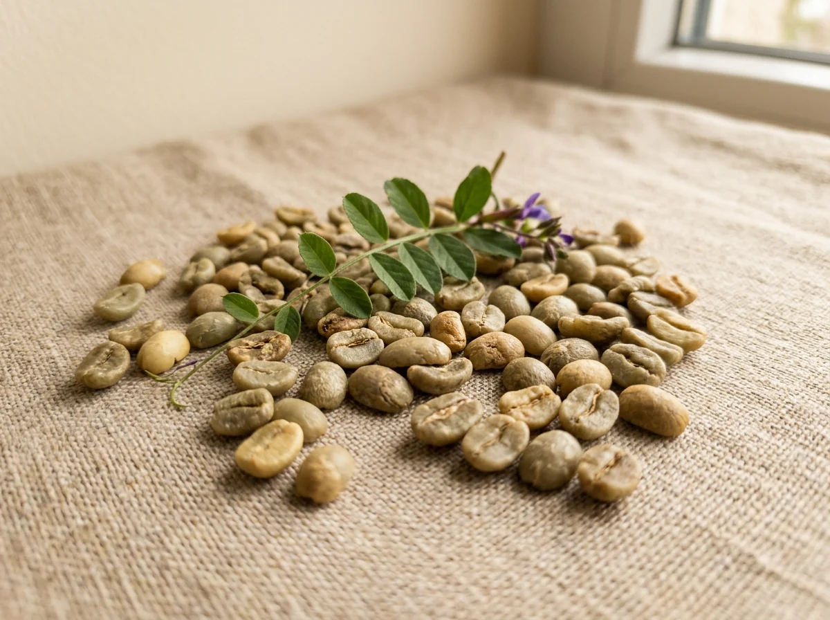 Raw green coffee beans flat-lay - green coffee extract benefits for normal energy-yielding metabolism