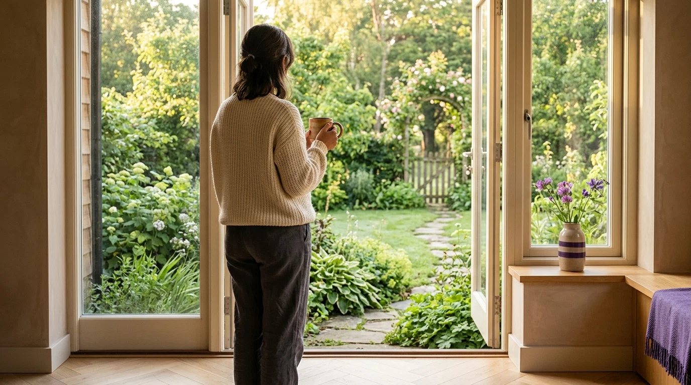 Anonymous person holding a warm coffee mug at an open window - coffee wellness blend daily routine